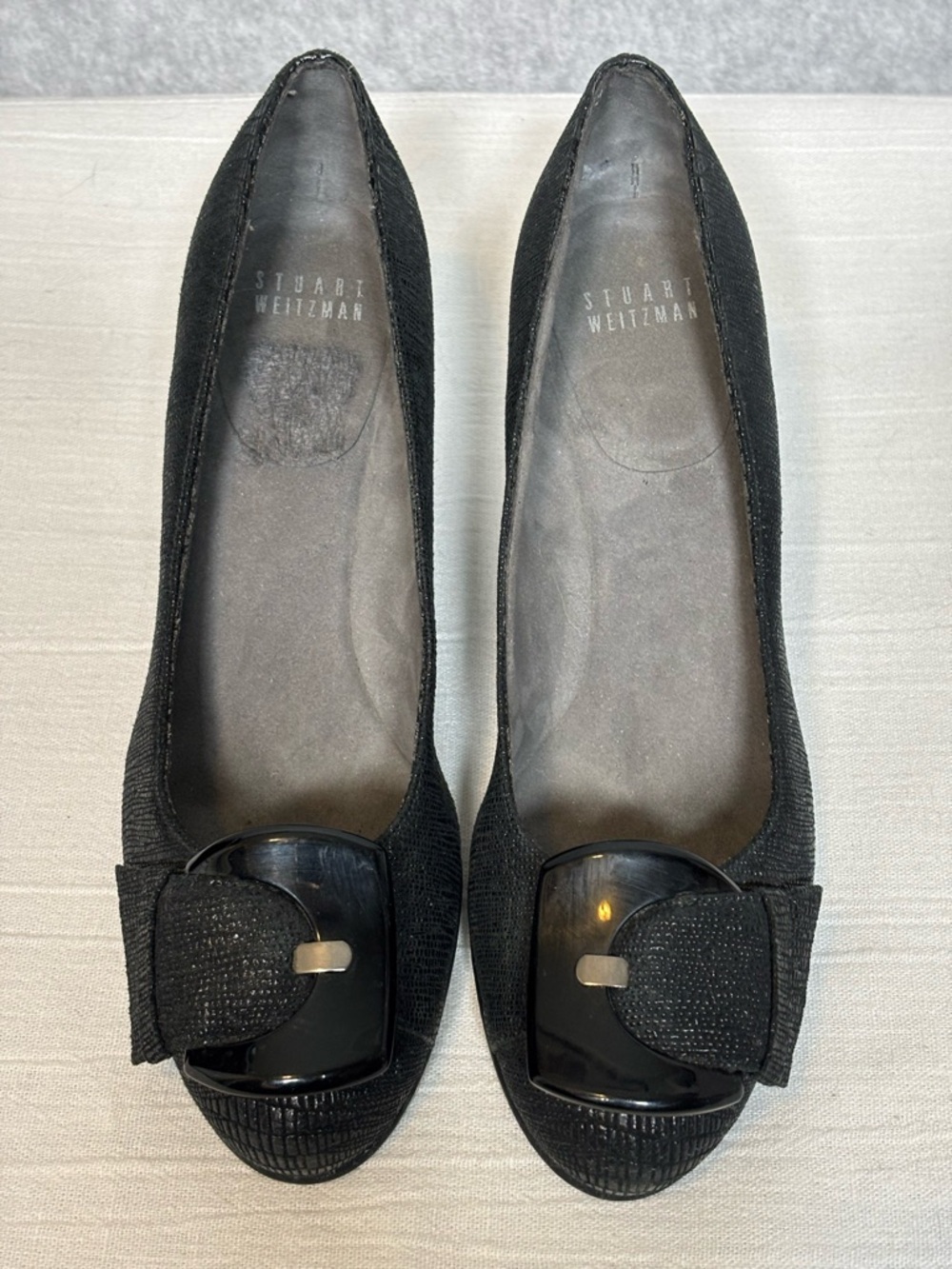 Stuart Weitzman Bucalina Textured Buckle Wedge Shoes-Black-Women Size 6.5 - Picture 3 of 11